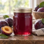 Jar of translucent ruby-purple plum jelly with ripe plums