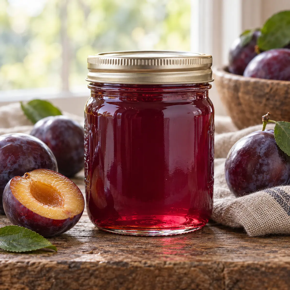Jar of translucent ruby-purple plum jelly with ripe plums
