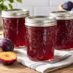 Three sealed jars of clear ruby plum jelly with ripe purple plums