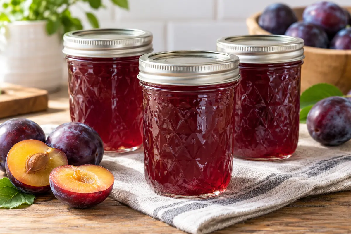Three sealed jars of clear ruby plum jelly with ripe purple plums
