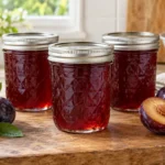 Three sealed jars of naturally set ruby plum jelly with ripe purple plums