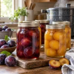 Home-canned purple plums, halved and whole, packed in glass jars.