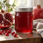 Jar of translucent red pomegranate jelly with fresh pomegranate