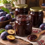 Deep-purple Polish plum butter in preserving jars with ripe prune plums and traditional patterned linen