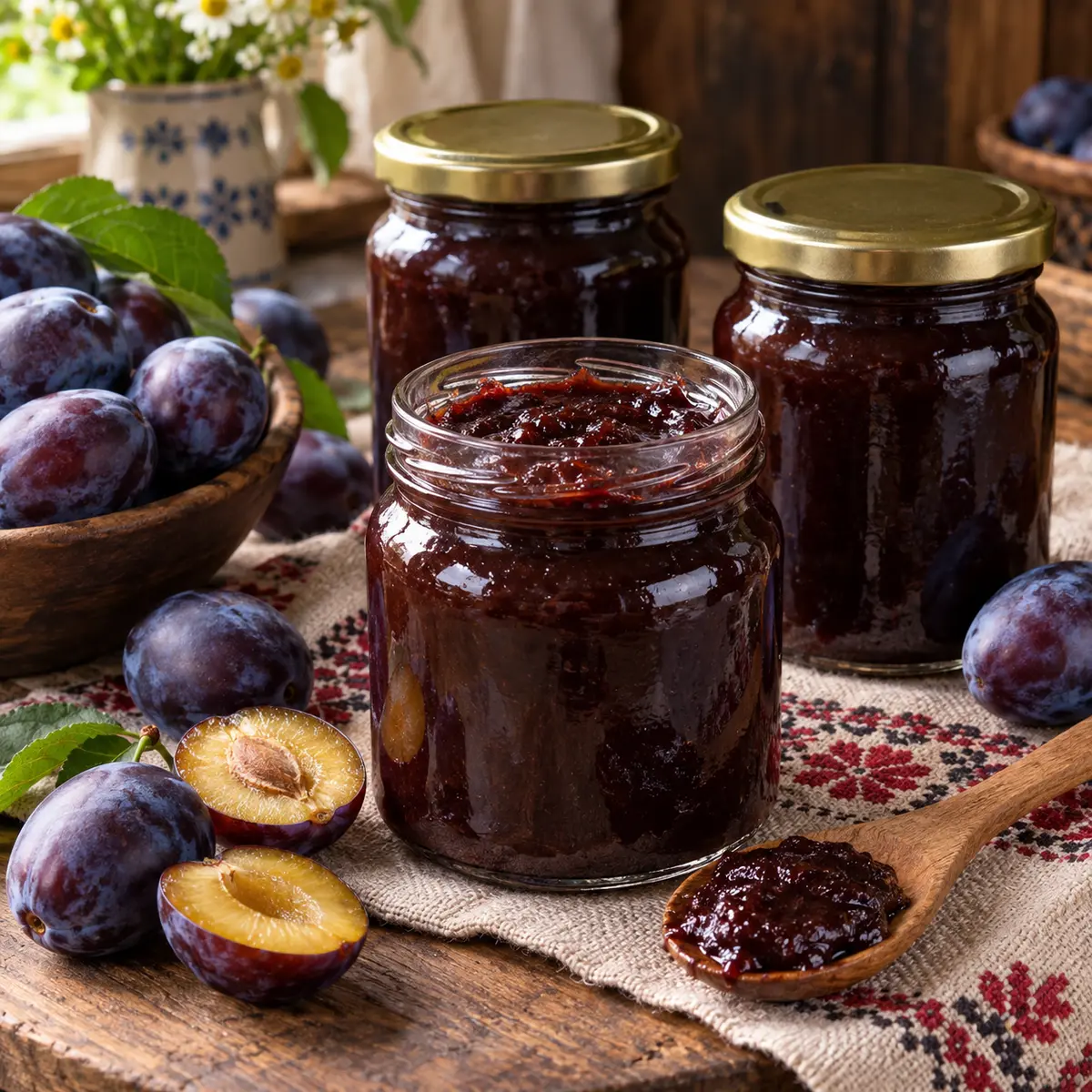 Deep-purple Polish plum butter in preserving jars with ripe prune plums and traditional patterned linen