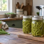 Sealed mason jars of pressure-canned green beans with fresh snap beans and a pressure canner