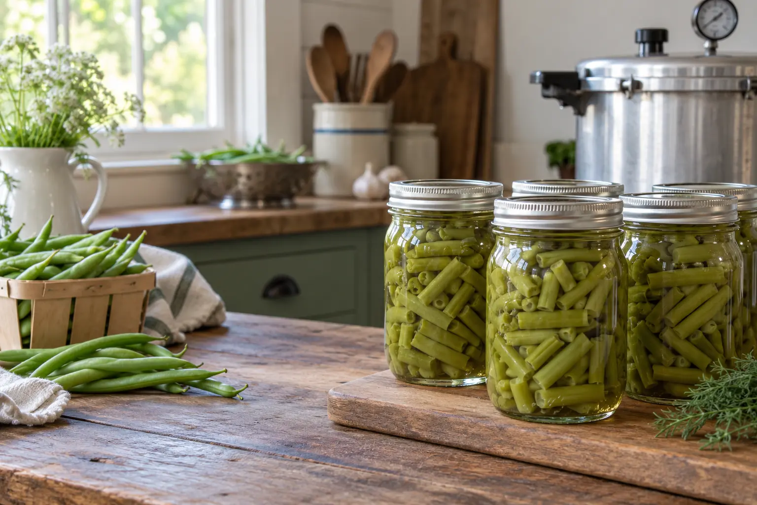 Sealed mason jars of pressure-canned green beans with fresh snap beans and a pressure canner