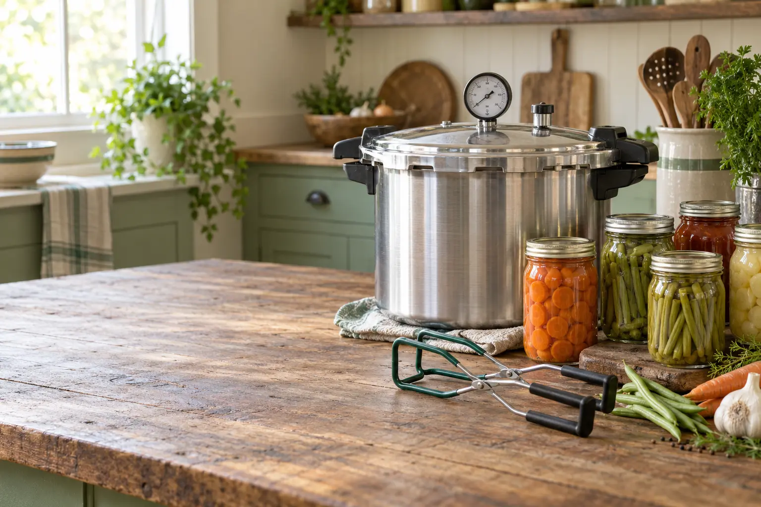 Pressure canner with dial gauge, jar lifter, and jars of home-canned vegetables
