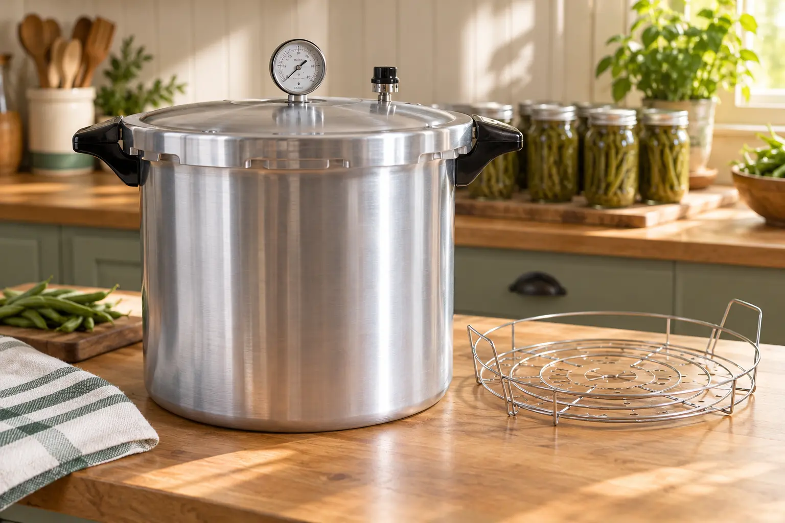 Traditional aluminum pressure canner prepared for safe home canning on a stovetop
