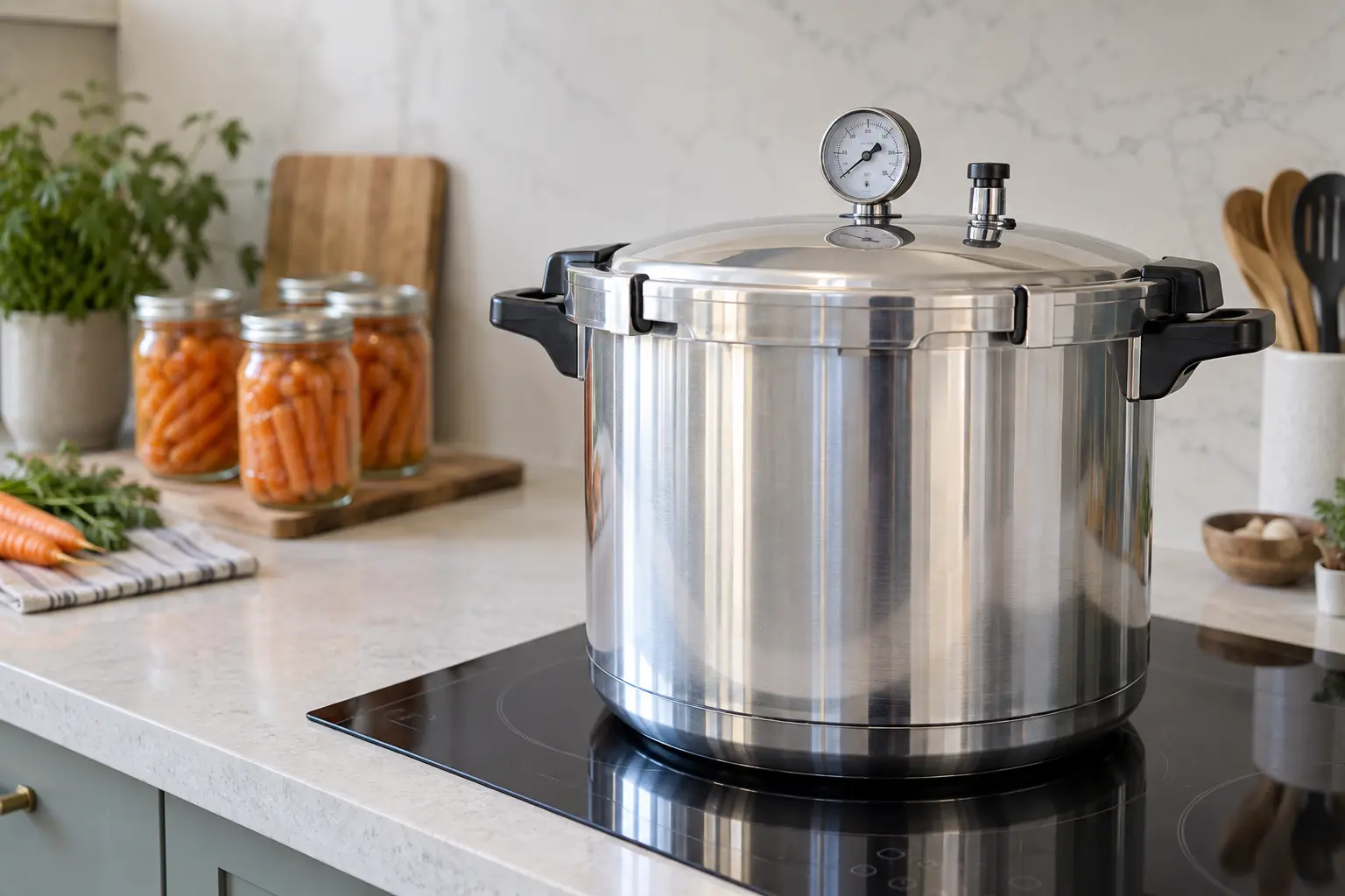 Stainless-steel induction-compatible pressure canner on a glass cooktop for home canning