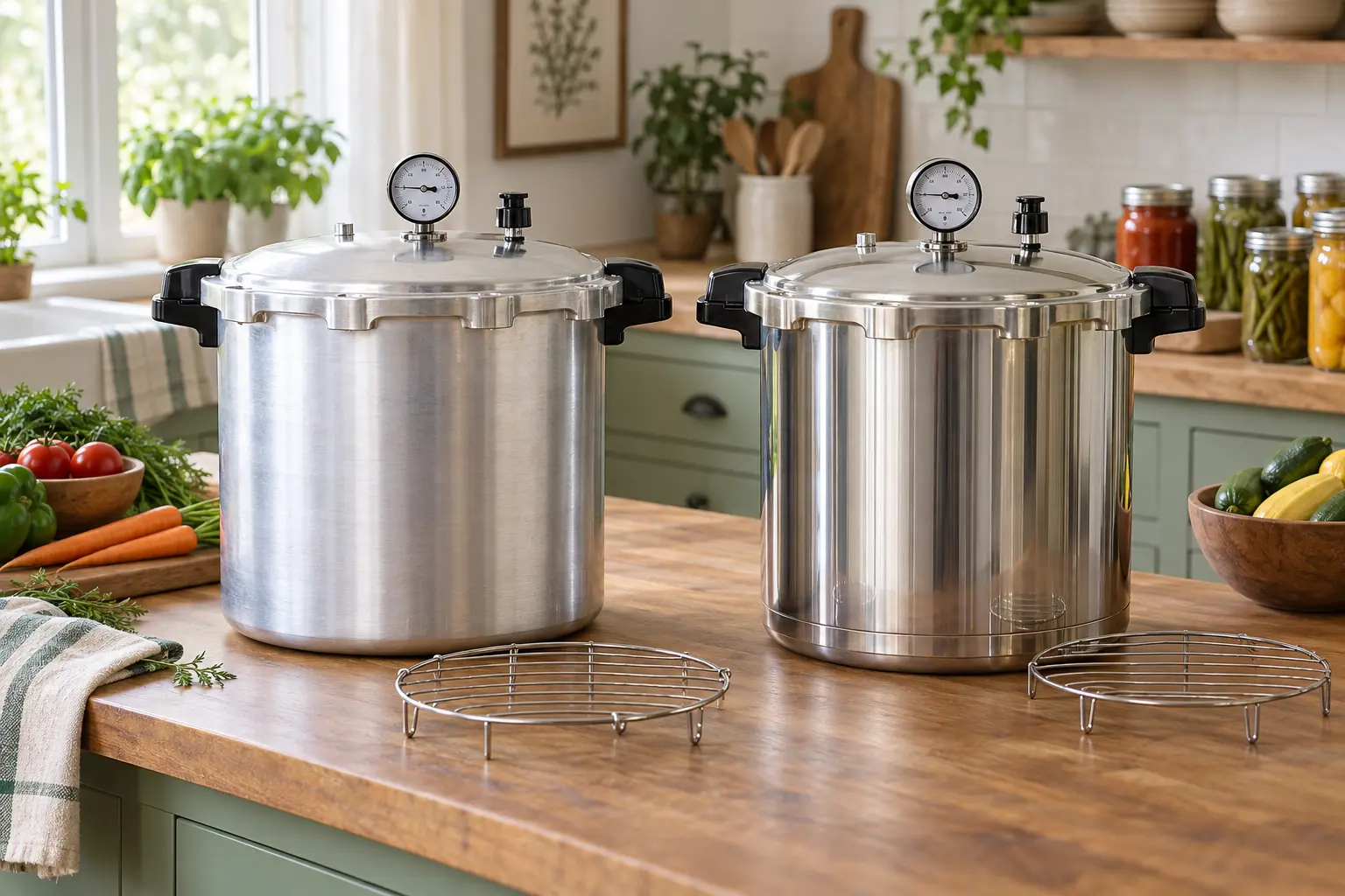 Traditional aluminum and induction-compatible pressure canners shown side by side