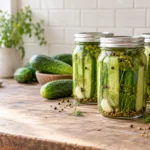 Sealed mason jars of fresh-pack dill pickle spears with cucumbers, dill, and garlic