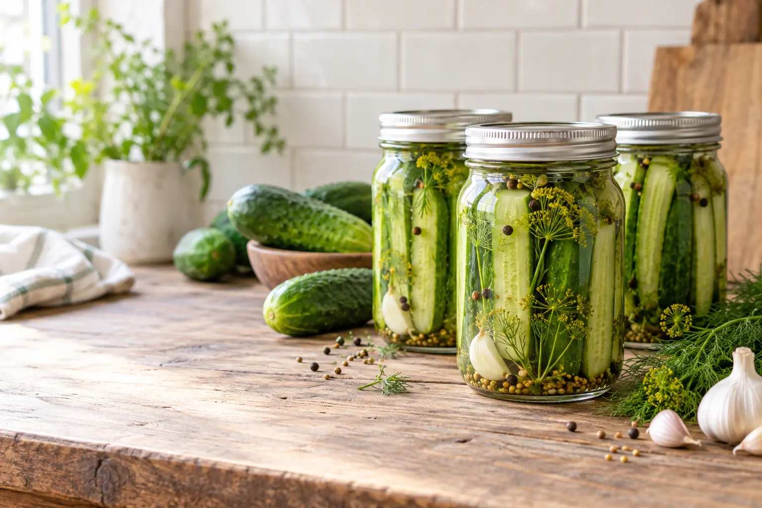 Sealed mason jars of fresh-pack dill pickle spears with cucumbers, dill, and garlic