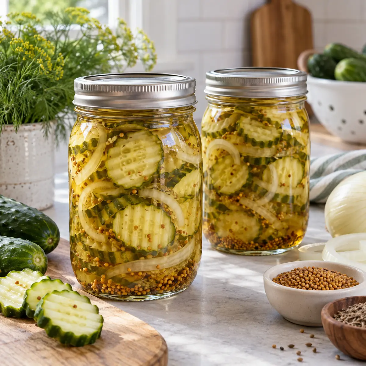 Crinkle-cut sweet cucumber pickles and onion in sealed home-canning jars