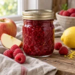 Jar of ruby raspberry apple jam with raspberries, apple, and lemon