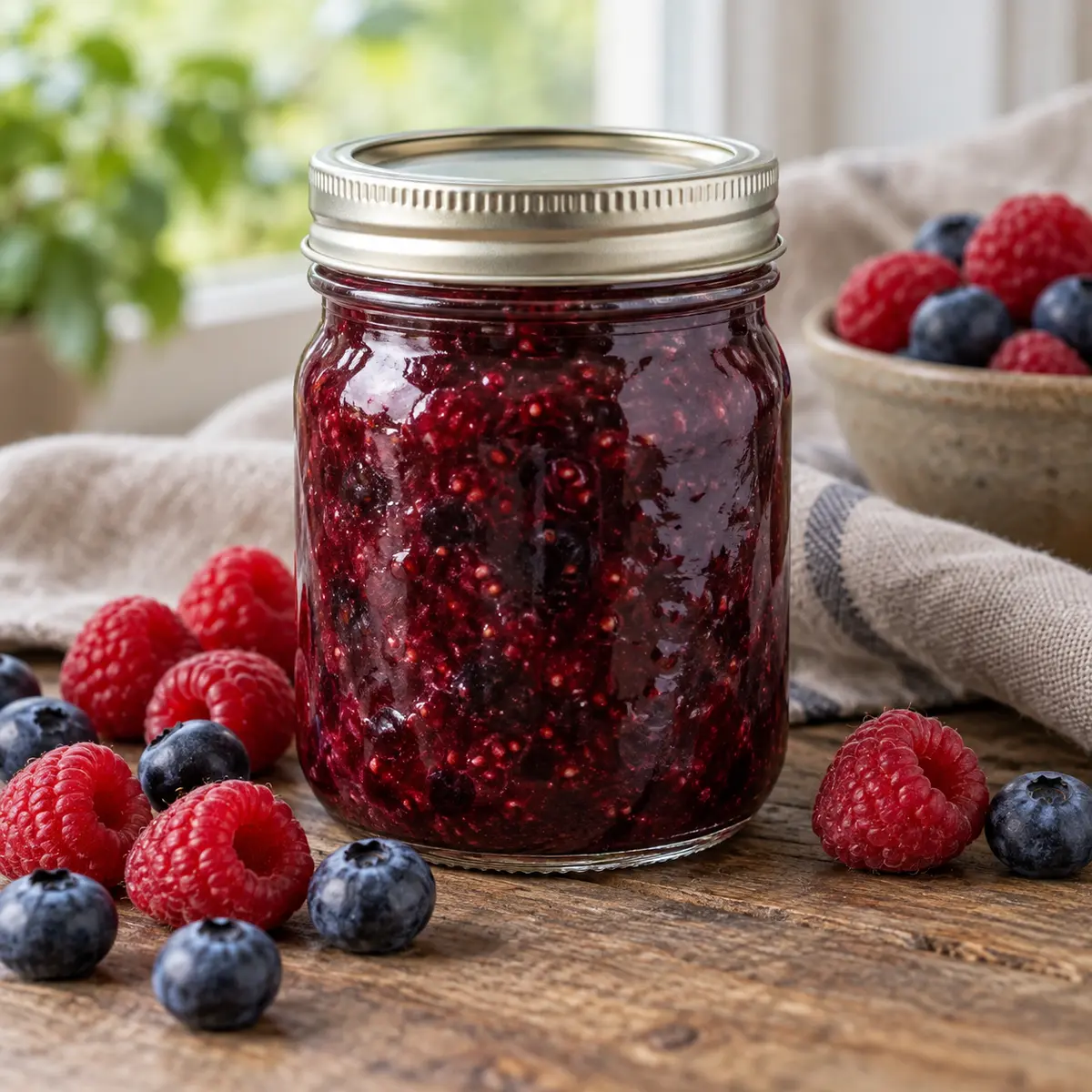Jar of deep purple-red raspberry blueberry jam with fresh berries