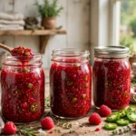 Raspberry-Jalapeño Jam in glass canning jars — home canning recipe