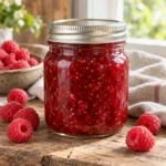 Jar of vivid ruby raspberry jam with fresh raspberries