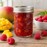 Jar of raspberry mango jam with fresh raspberries and mango