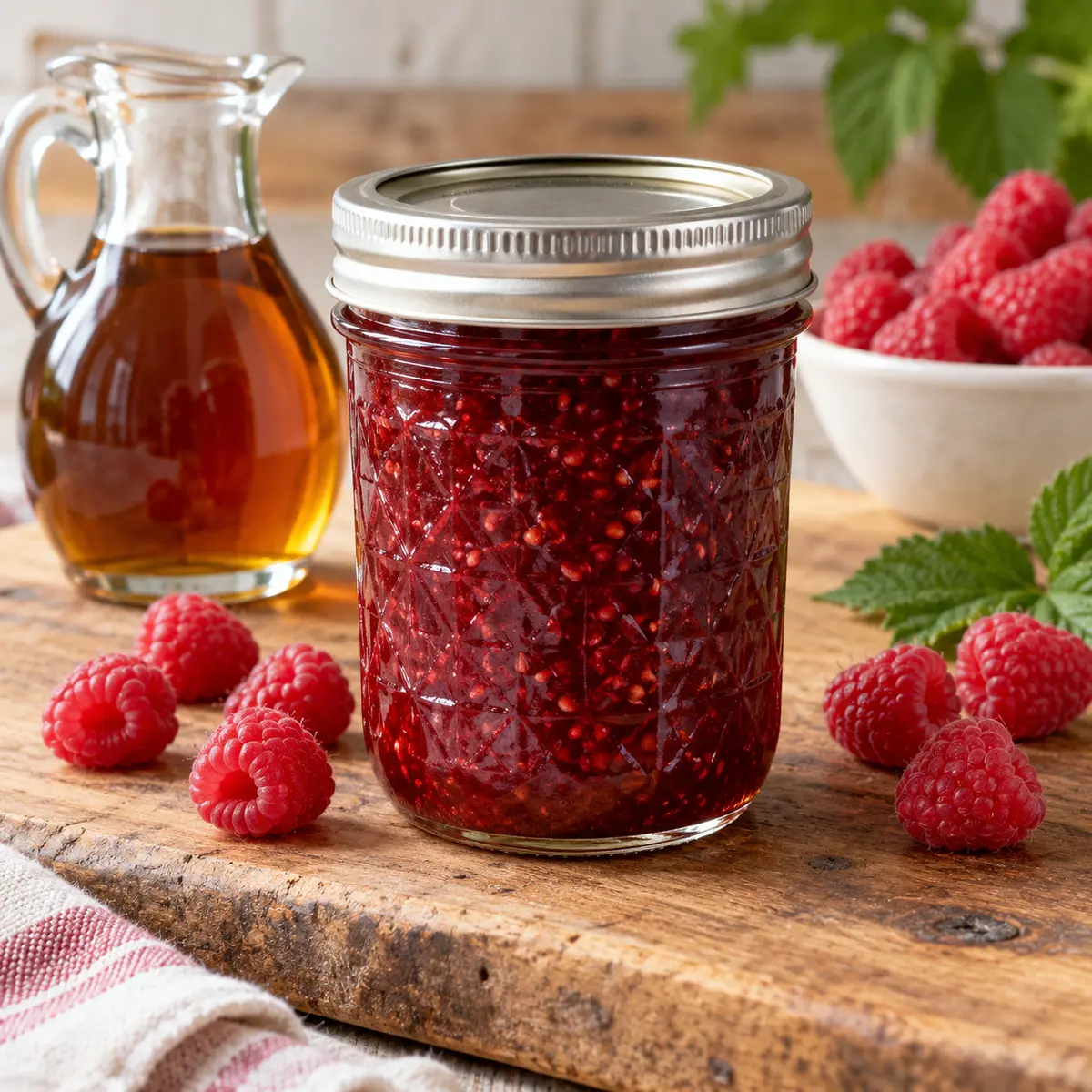 Jar of raspberry maple jam with fresh raspberries and maple syrup