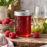 Jar of raspberry wine jelly with raspberries and dry white wine