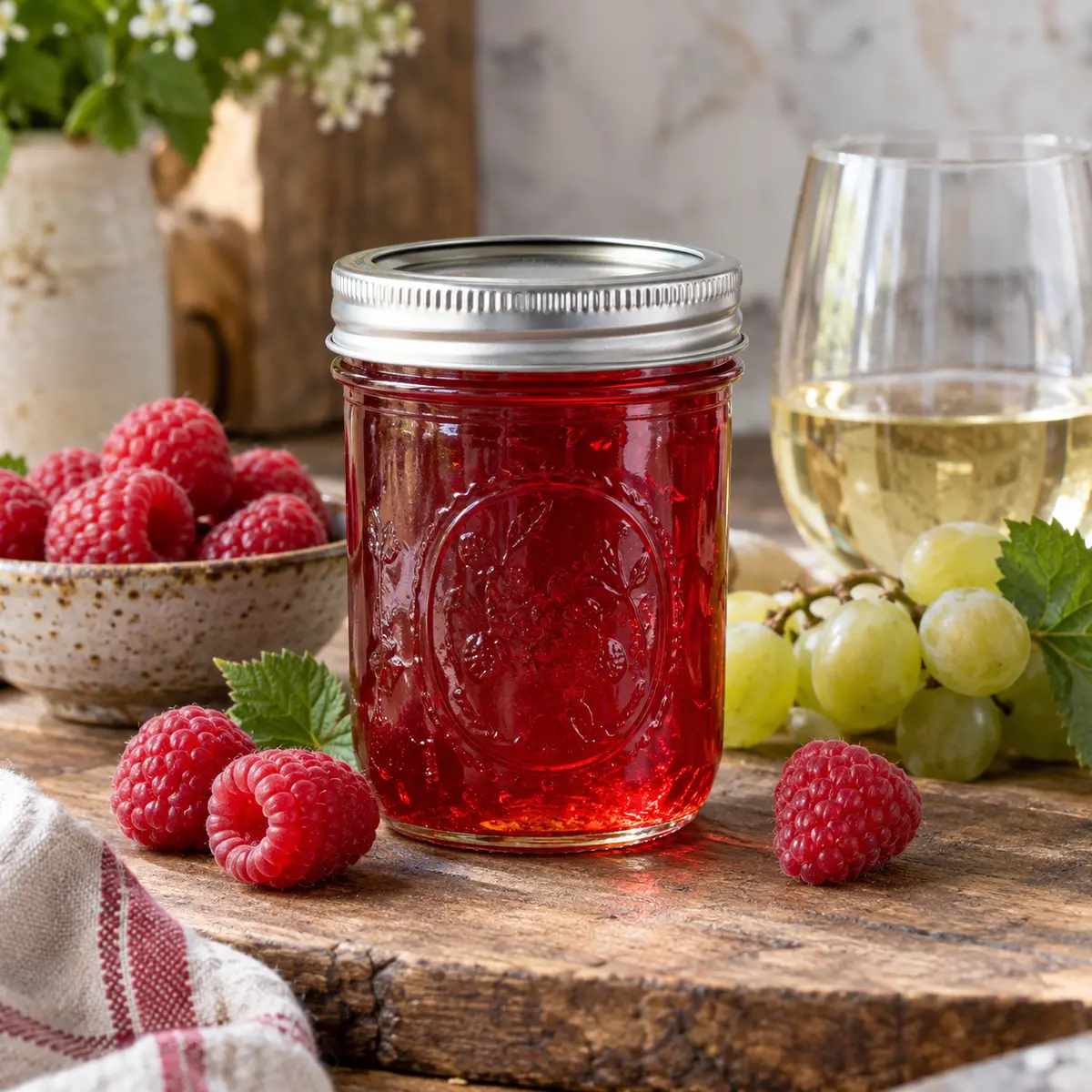 Jar of raspberry wine jelly with raspberries and dry white wine