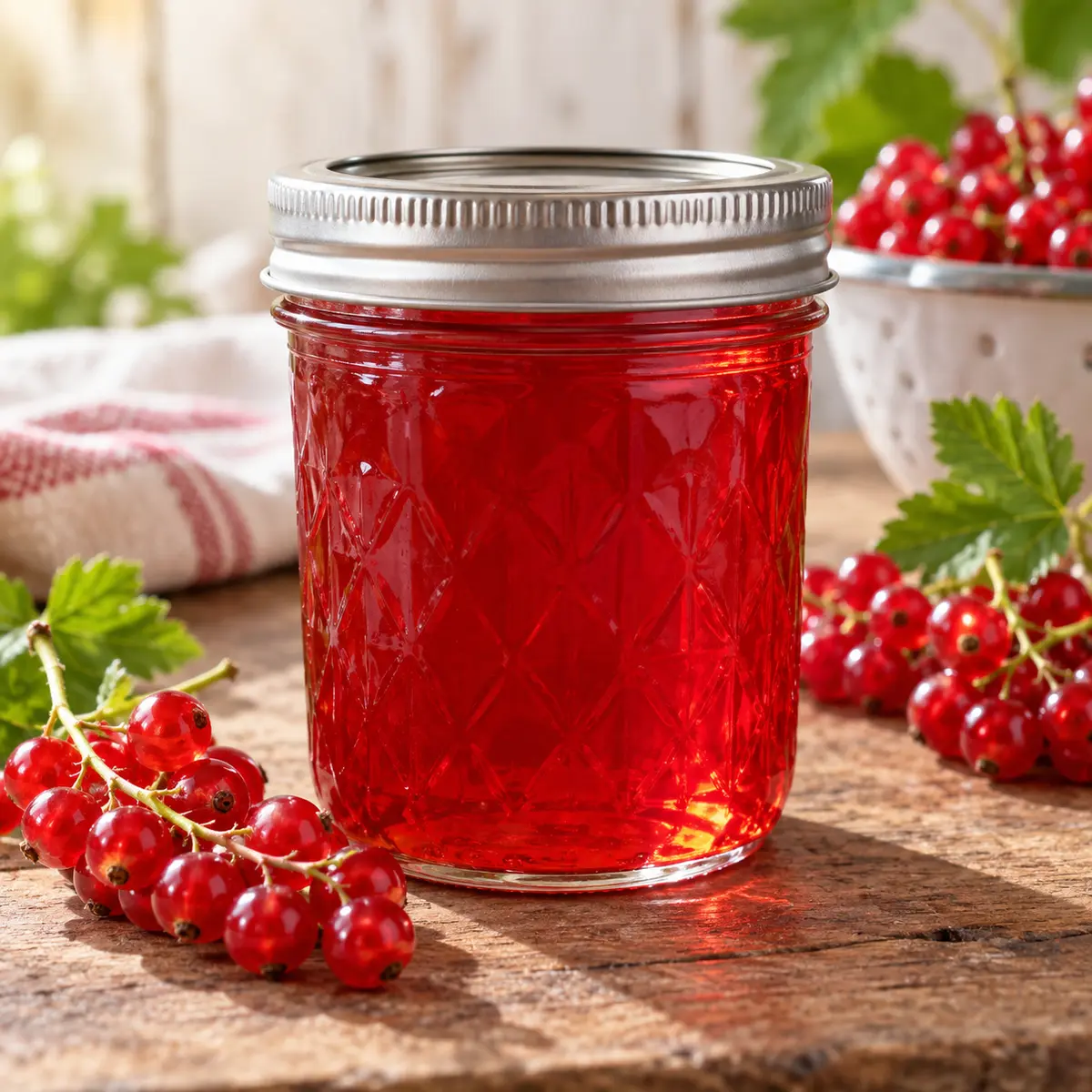 Jar of clear red currant jelly with fresh red currants