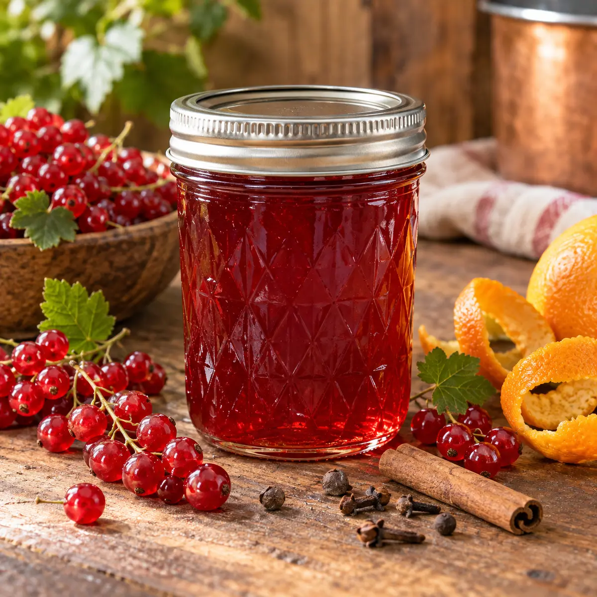 Jar of spiced red currant jelly with currants, orange peel and whole spices