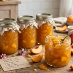 Red Ribbon Peach Jam Recipe in glass canning jars — home canning recipe