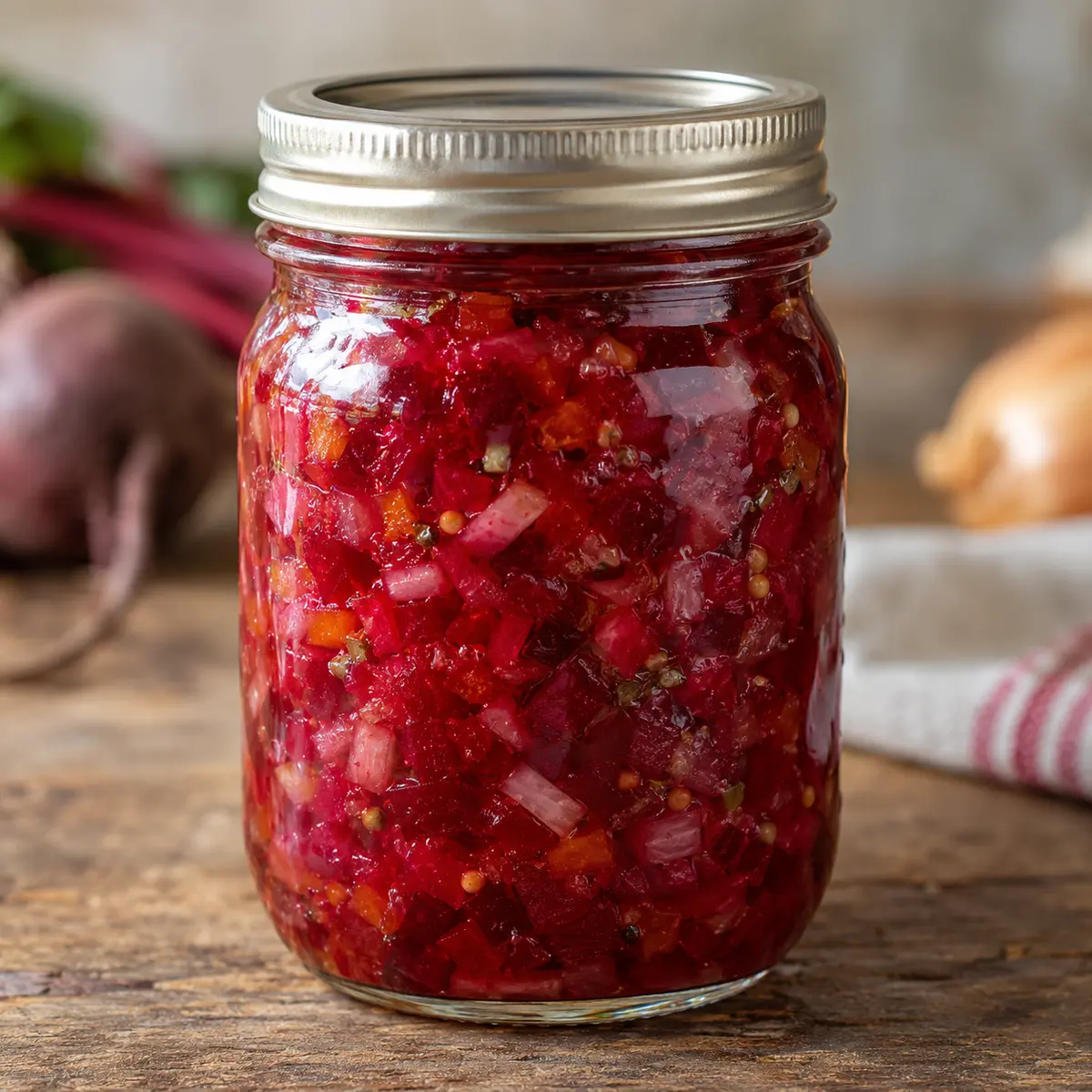 Jar of ruby-red root vegetable relish