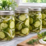 Four sealed pint canning jars filled with sliced dill pickles, onion and fresh dill