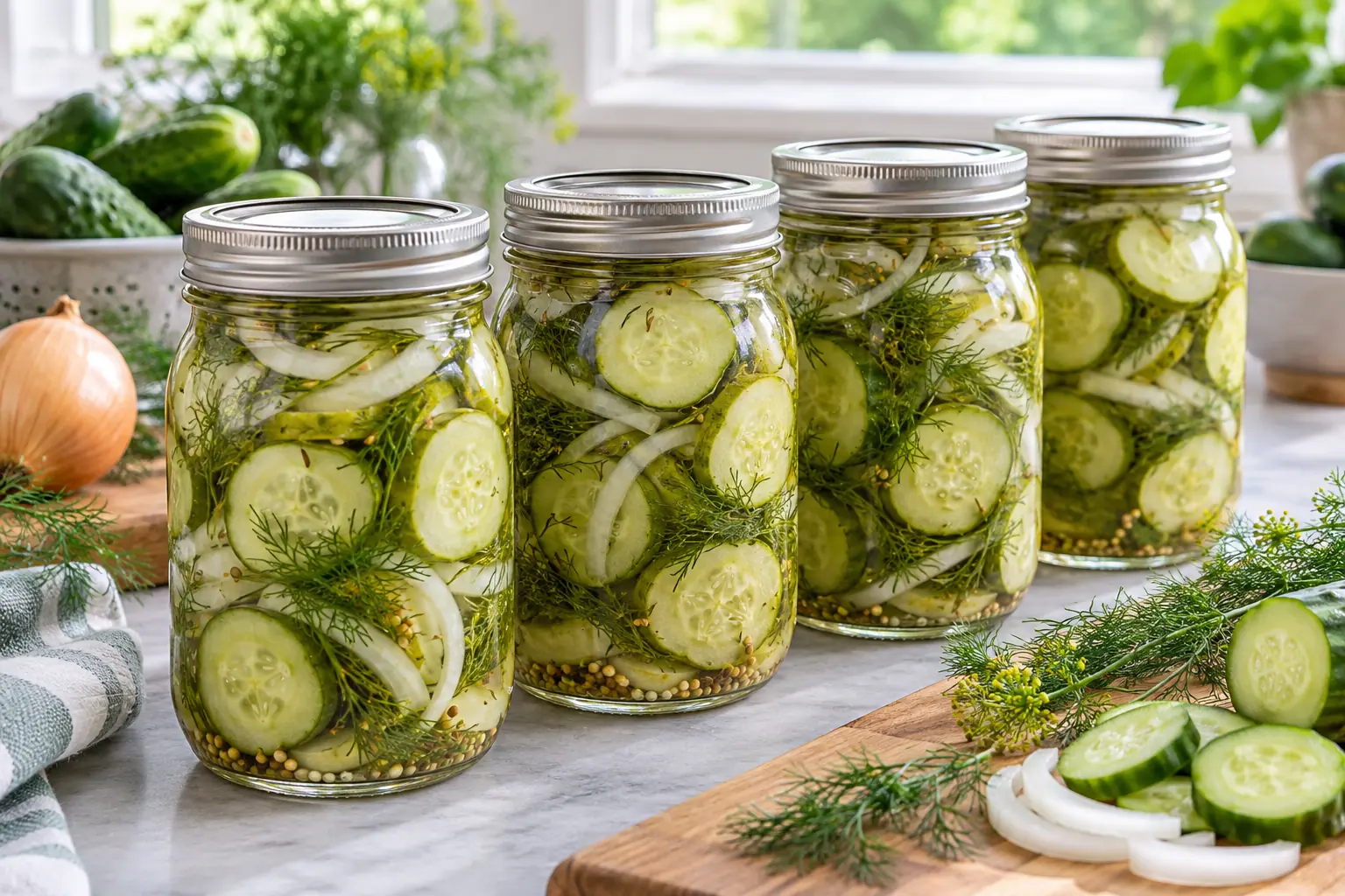 Four sealed pint canning jars filled with sliced dill pickles, onion and fresh dill