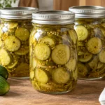 Three sealed pint jars filled with sliced reduced-sodium sweet pickles in clear syrup