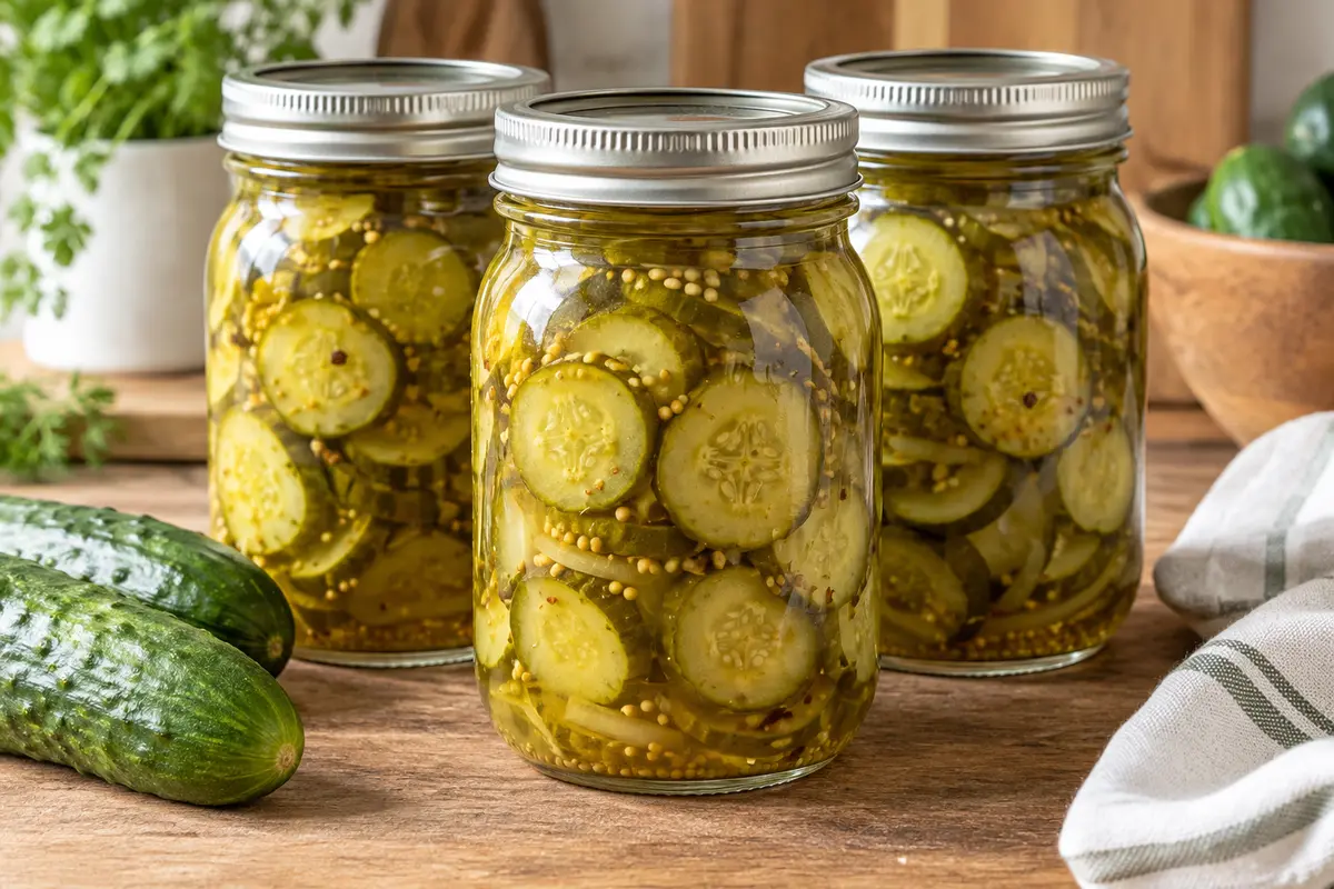 Three sealed pint jars filled with sliced reduced-sodium sweet pickles in clear syrup
