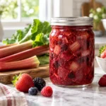 Jar of rhubarb berry conserve with rhubarb and mixed berries