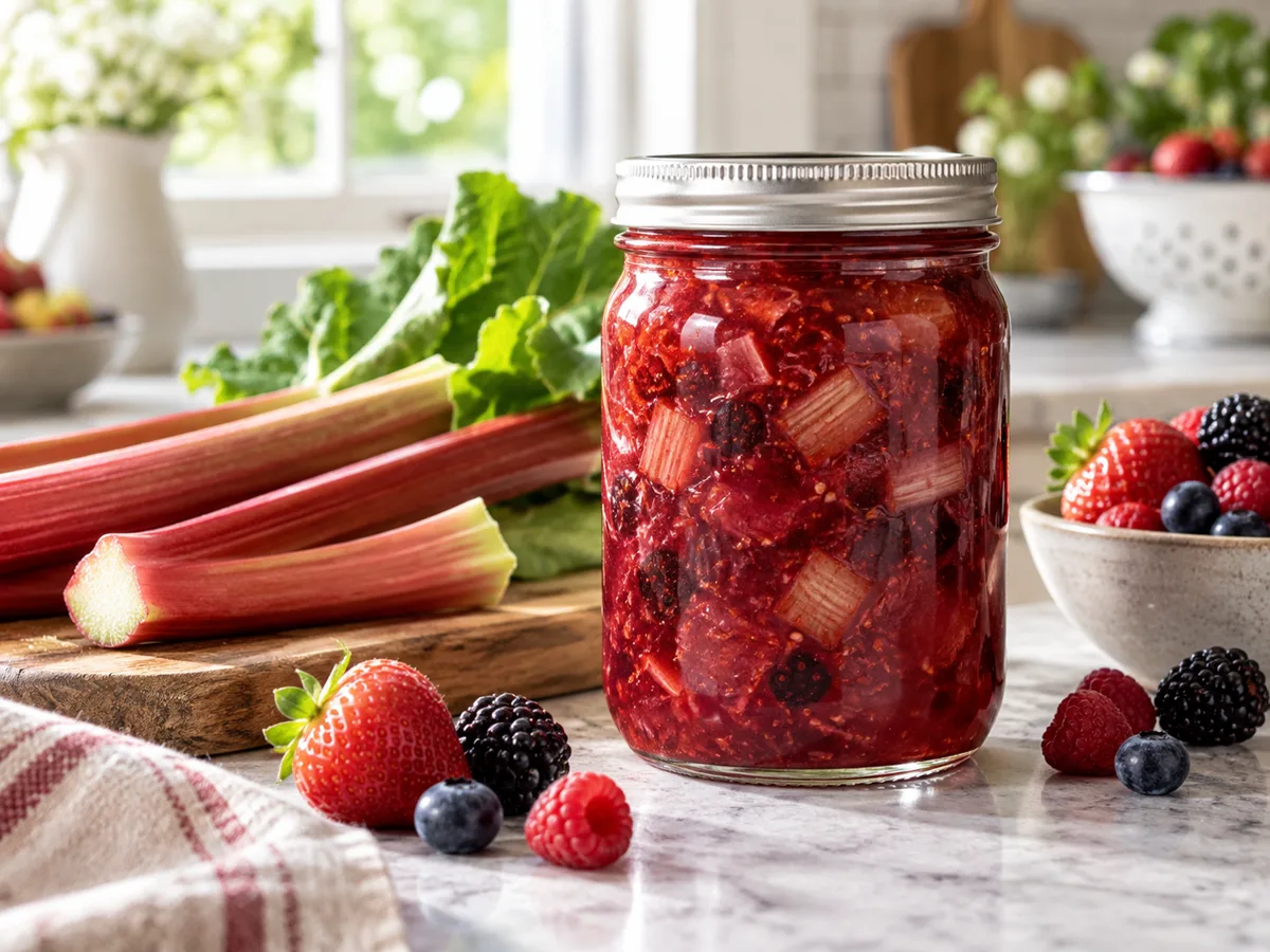 Jar of rhubarb berry conserve with rhubarb and mixed berries