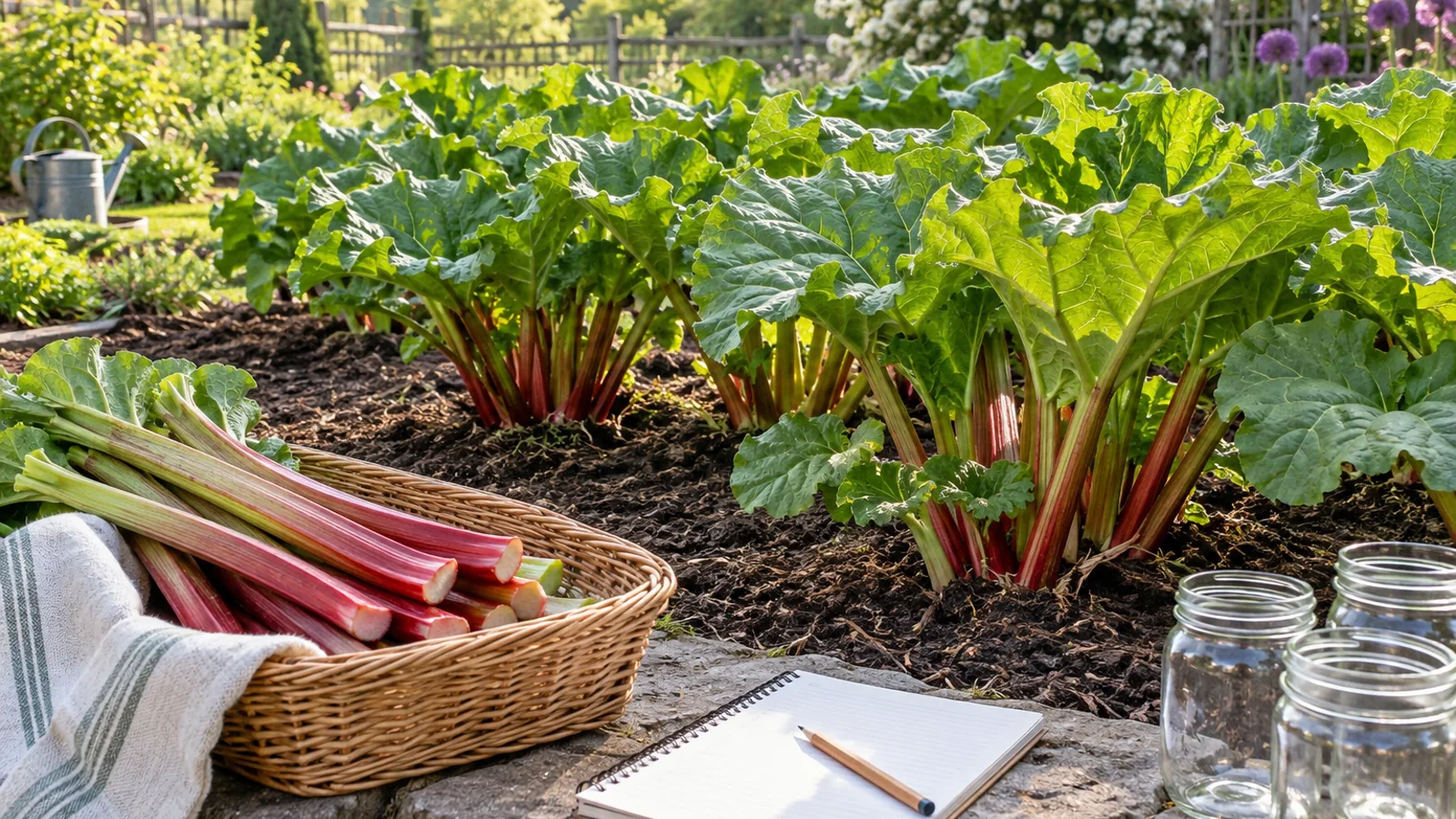 Established rhubarb crowns, harvested edible stalks, planning notebook, and empty mason jars