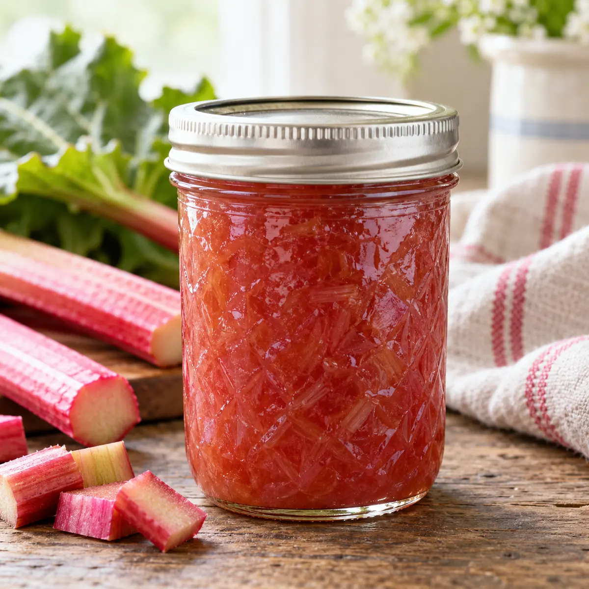 Jar of bright red rhubarb jam with fresh rhubarb stalks