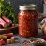 Jar of spicy rhubarb onion sauce with rhubarb, onion, and chile