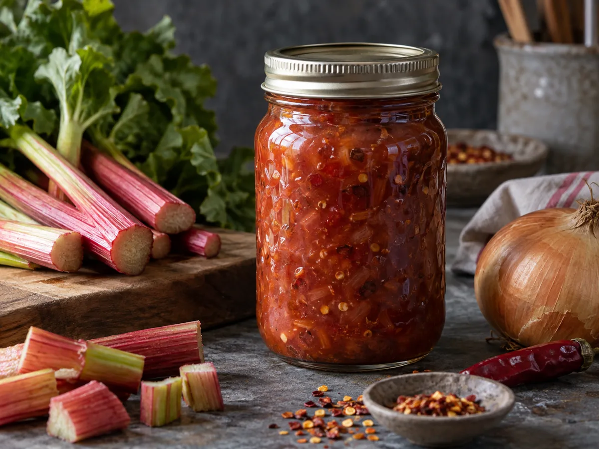 Jar of spicy rhubarb onion sauce with rhubarb, onion, and chile
