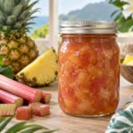 Jar of rhubarb pineapple conserve with fresh rhubarb and pineapple
