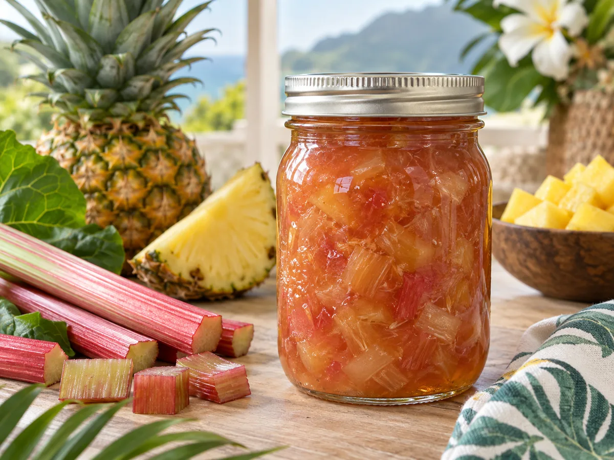 Jar of rhubarb pineapple conserve with fresh rhubarb and pineapple
