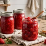 Rhubarb-Strawberry Jam in glass canning jars — home canning recipe