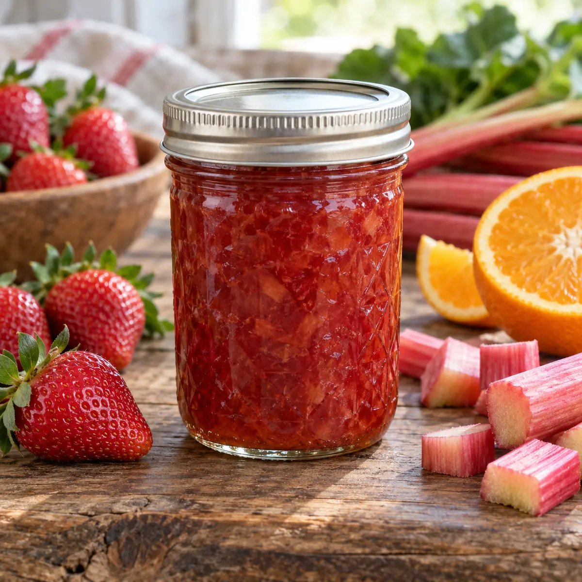 Jar of strawberry rhubarb orange marmajam with fresh fruit