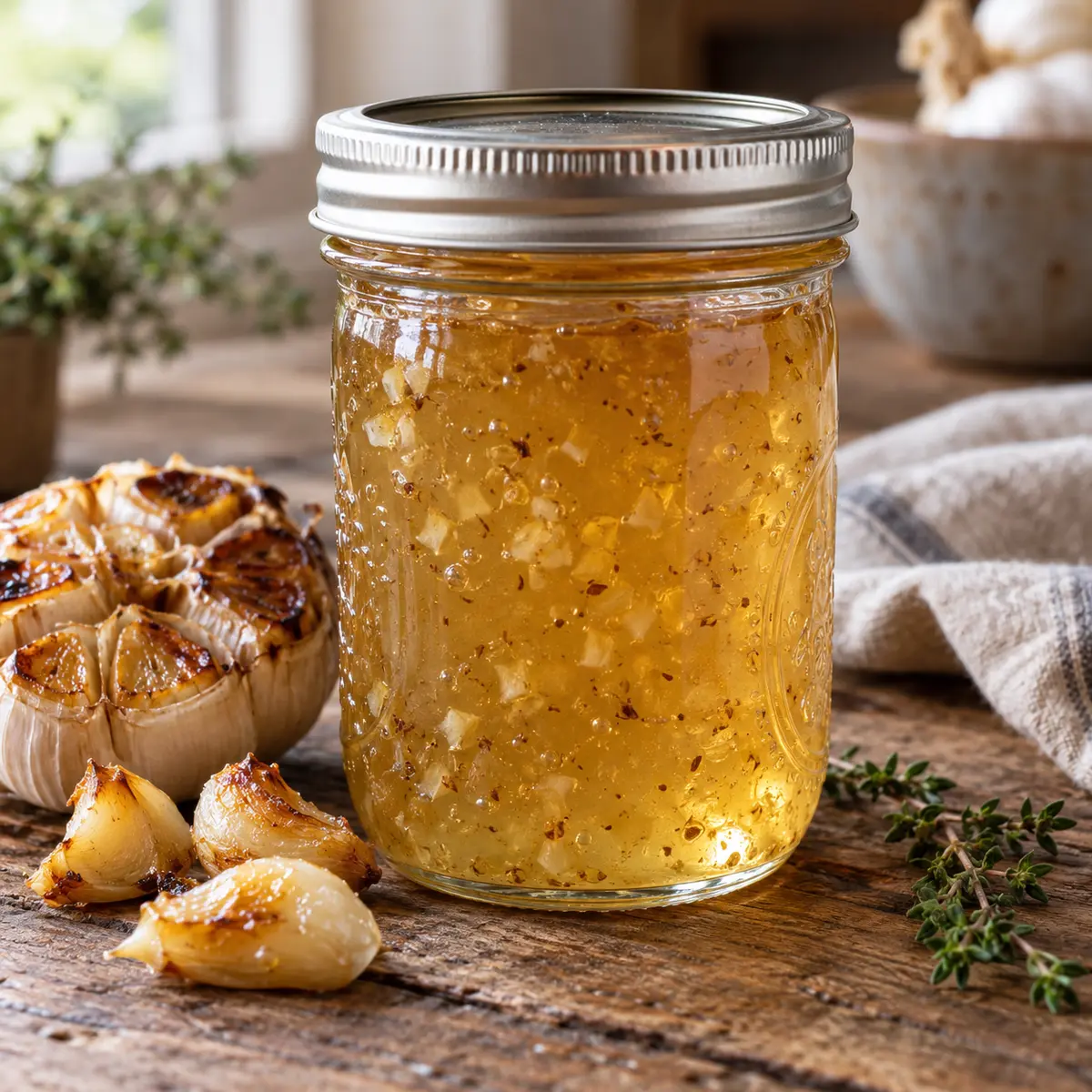 Jar of golden roasted garlic jelly with roasted garlic cloves