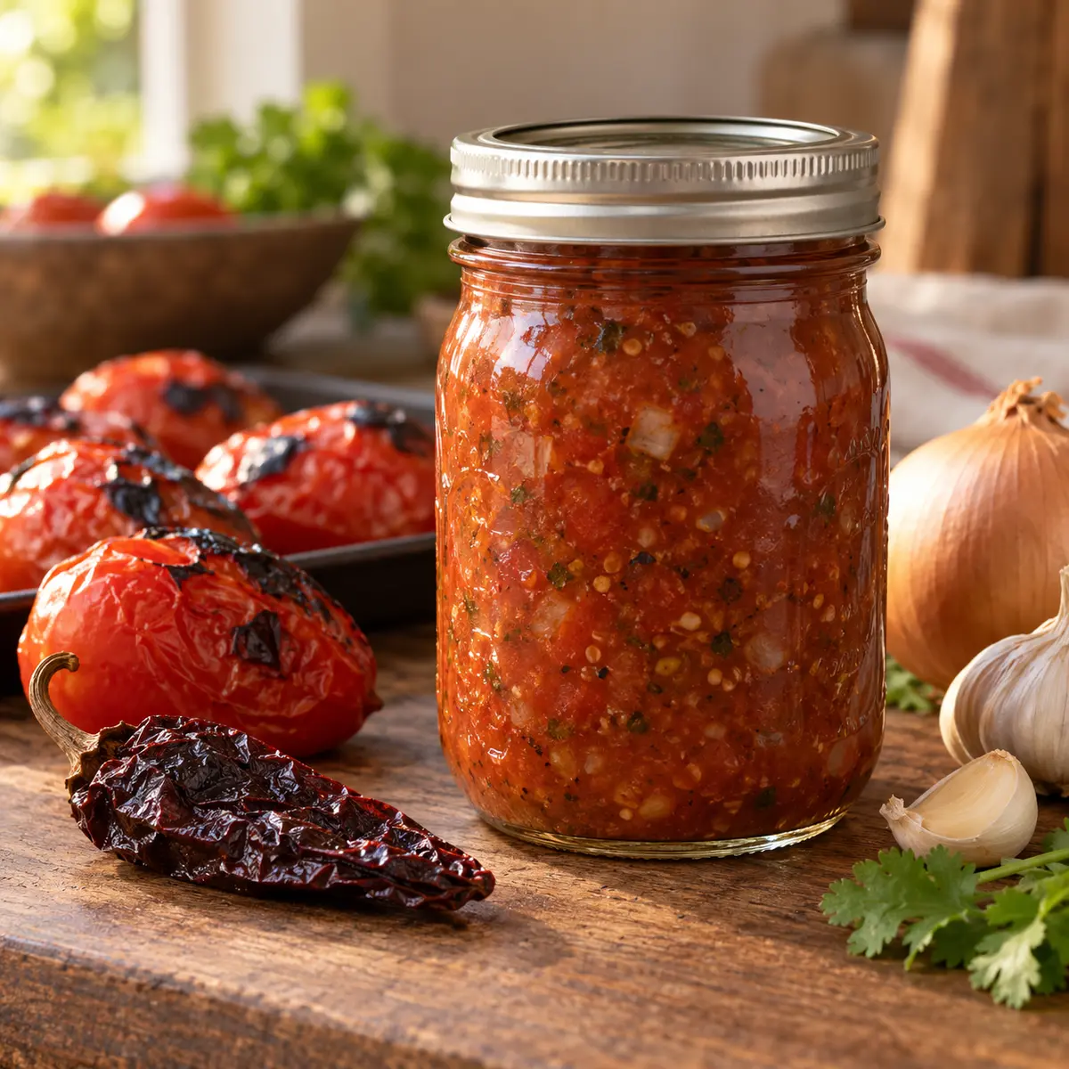 Home-canned roasted tomato-chipotle salsa in a sealed glass jar with roasted tomatoes, dried chipotle, onion and garlic.