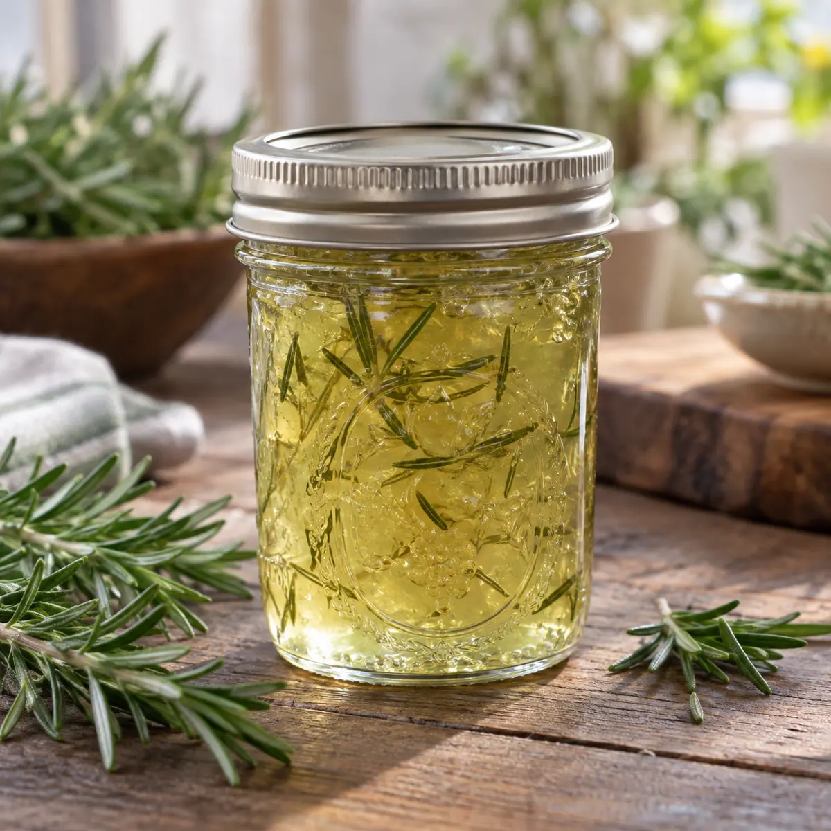 Jar of pale golden rosemary jelly with fresh rosemary sprigs