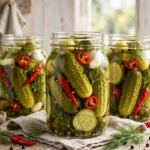 Sandy’s Spicy Dill Pickles in glass canning jars — home canning recipe