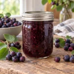 Jar of dark Saskatoon berry jam with fresh Saskatoon berries
