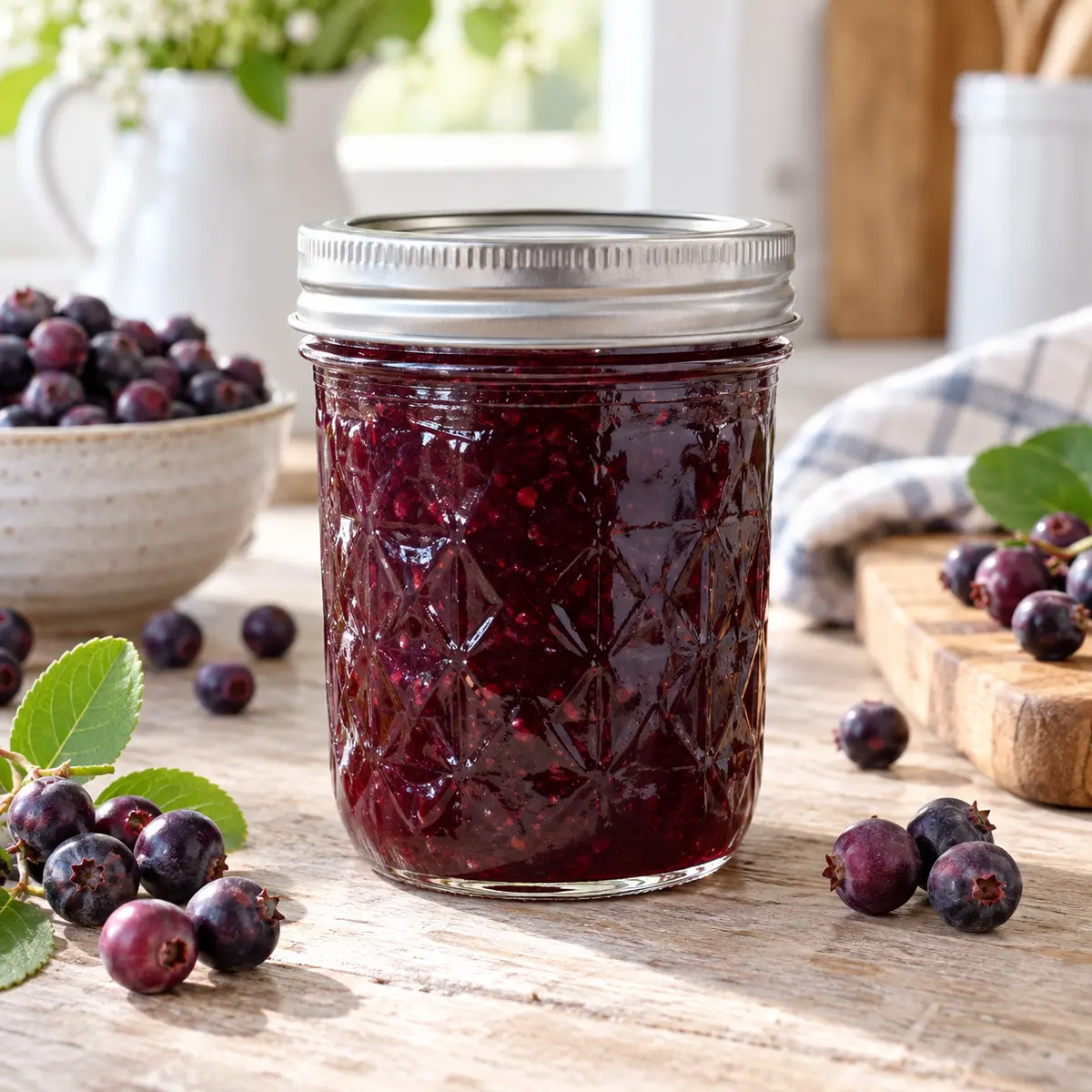 Jar of glossy Saskatoon berry jam with fresh Saskatoon berries